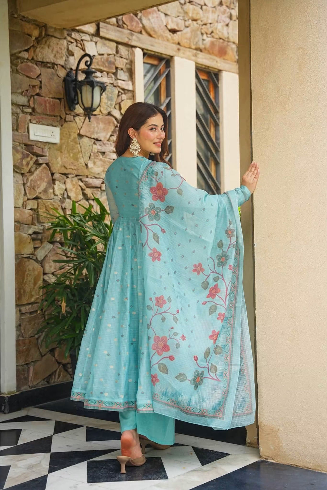 Premium Blue Kota Doria Kurta Set with Dupatta & Bottom | ShreMall