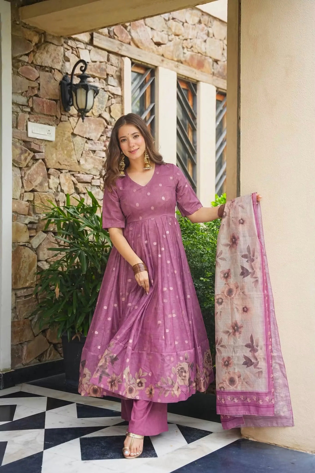 Premium Purple Kota Doria Kurta Set with Dupatta & Bottom | ShreMall