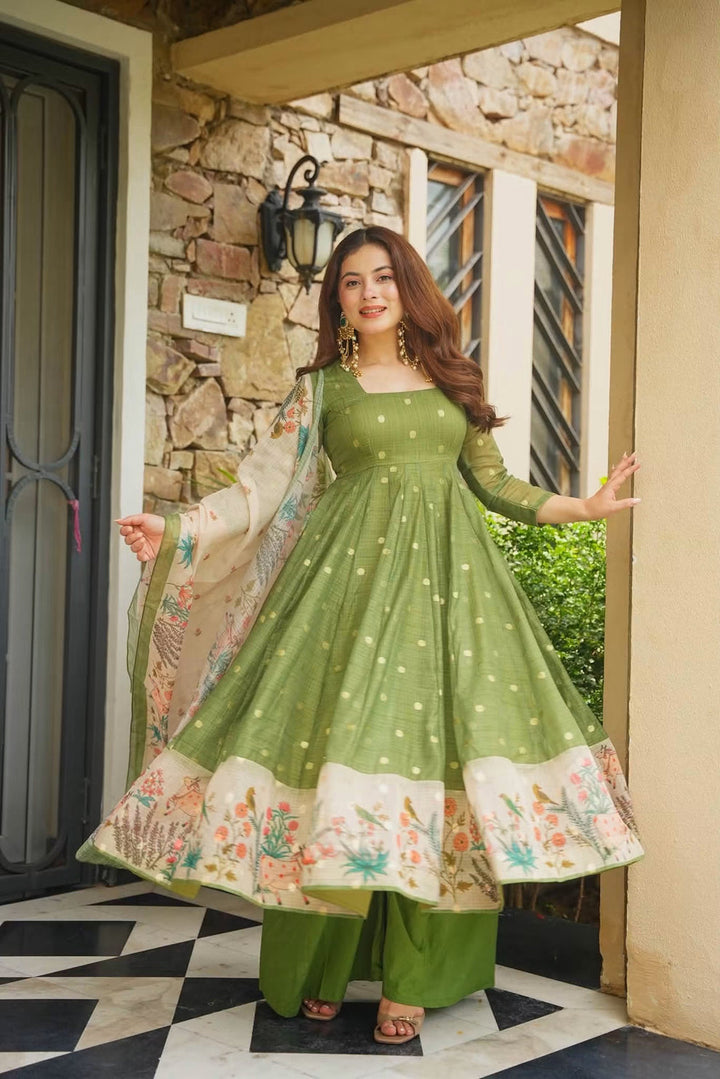 Premium Green Kota Doria Kurta Set with Dupatta & Bottom | ShreMall