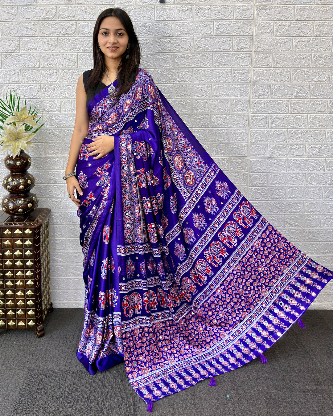 Royal Purple Modal Silk Ajrakh Print Saree with Elephant Motifs, Designer Pallu & Tassels | Festive & Ethnic Wear Saree