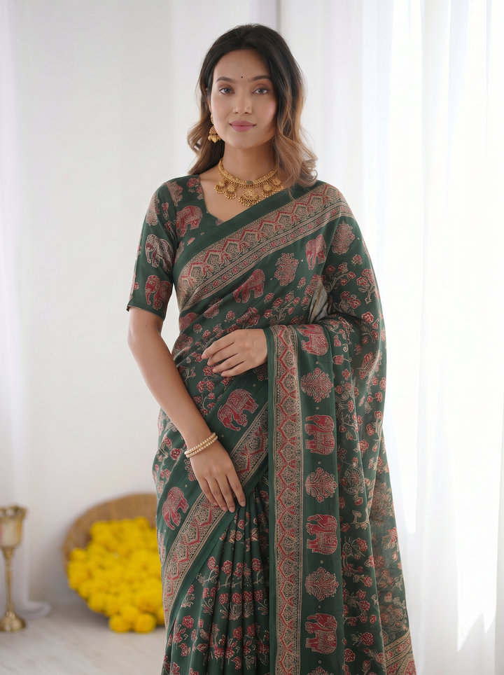 Forest Green Modal Silk Saree with Elephant Motif Ajrakh Print & Designer Heritage Pallu | Traditional Festive Wear Saree