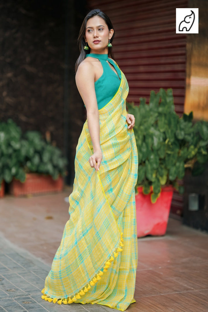 Sunshine Yellow & Aqua Blue Checkered Mul Cotton Saree with Tasselled Pallu (Includes Blouse Piece) – Shree Mall