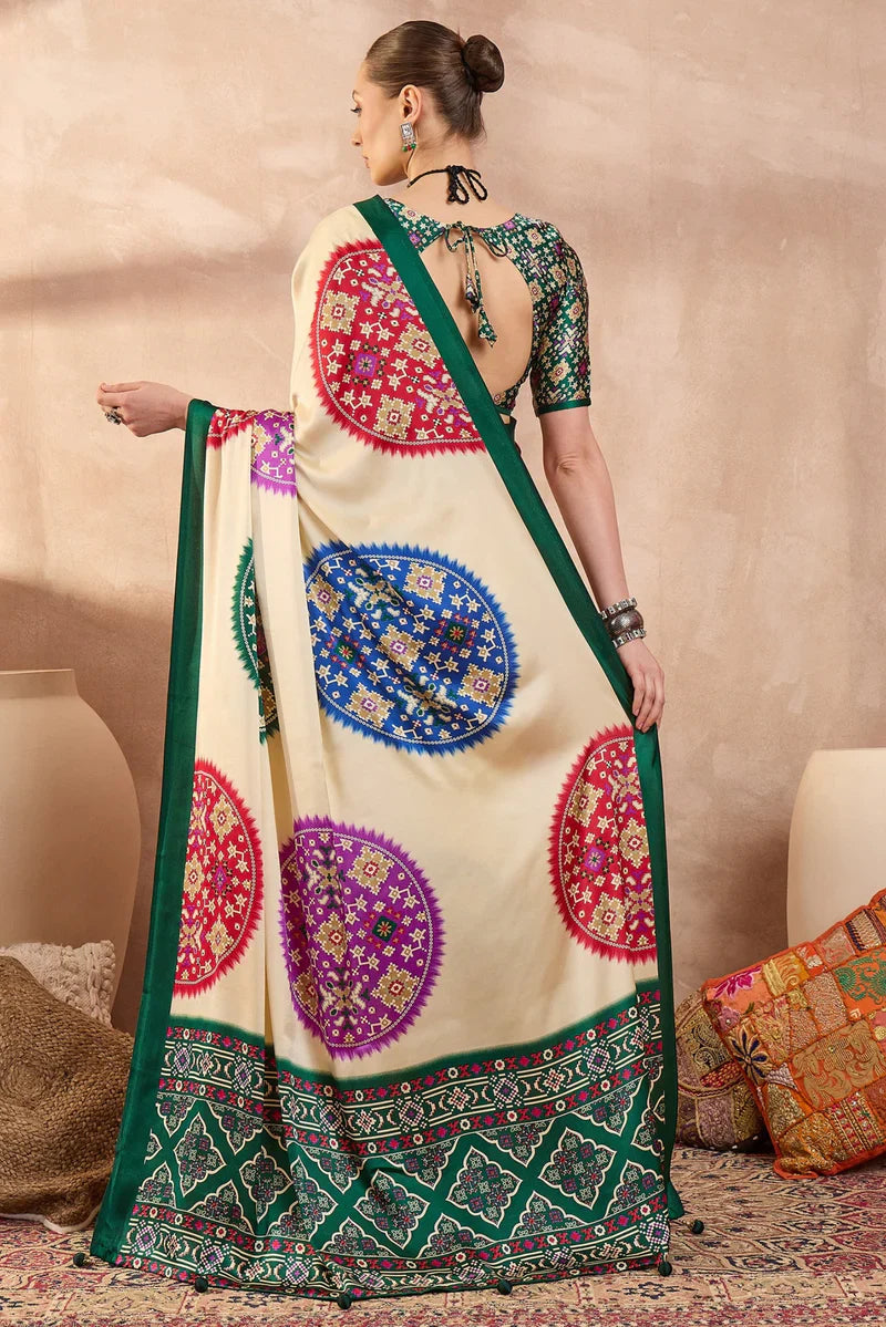Cream Modal Silk Saree with Multicolor Patola-Inspired Print & Emerald Green Border | Traditional Festive Wear Saree