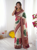 Ivory Cream & Wine Purple Pure Modal Silk Saree with Multicolor Mandala Print and Heritage Border