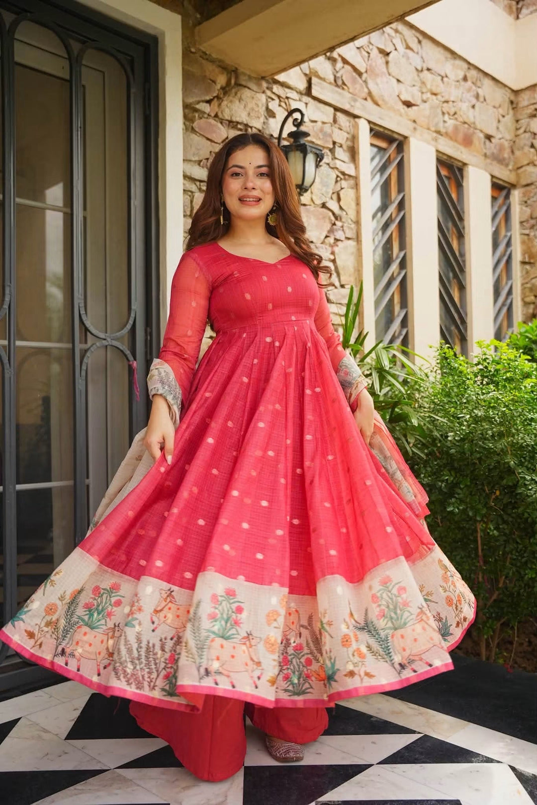 Premium Red Kota Doria Kurta Set with Dupatta & Bottom | ShreMall