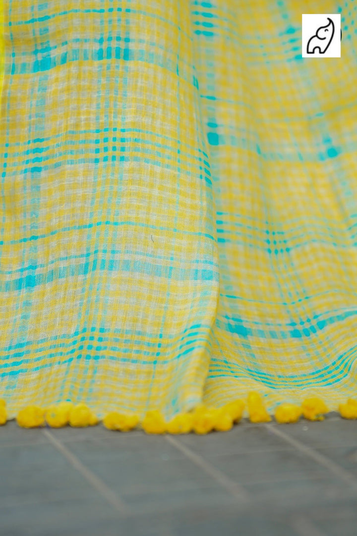 Sunshine Yellow & Aqua Blue Checkered Mul Cotton Saree with Tasselled Pallu (Includes Blouse Piece) – Shree Mall