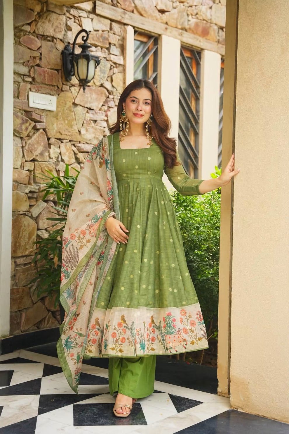 Premium Green Kota Doria Kurta Set with Dupatta & Bottom | ShreMall