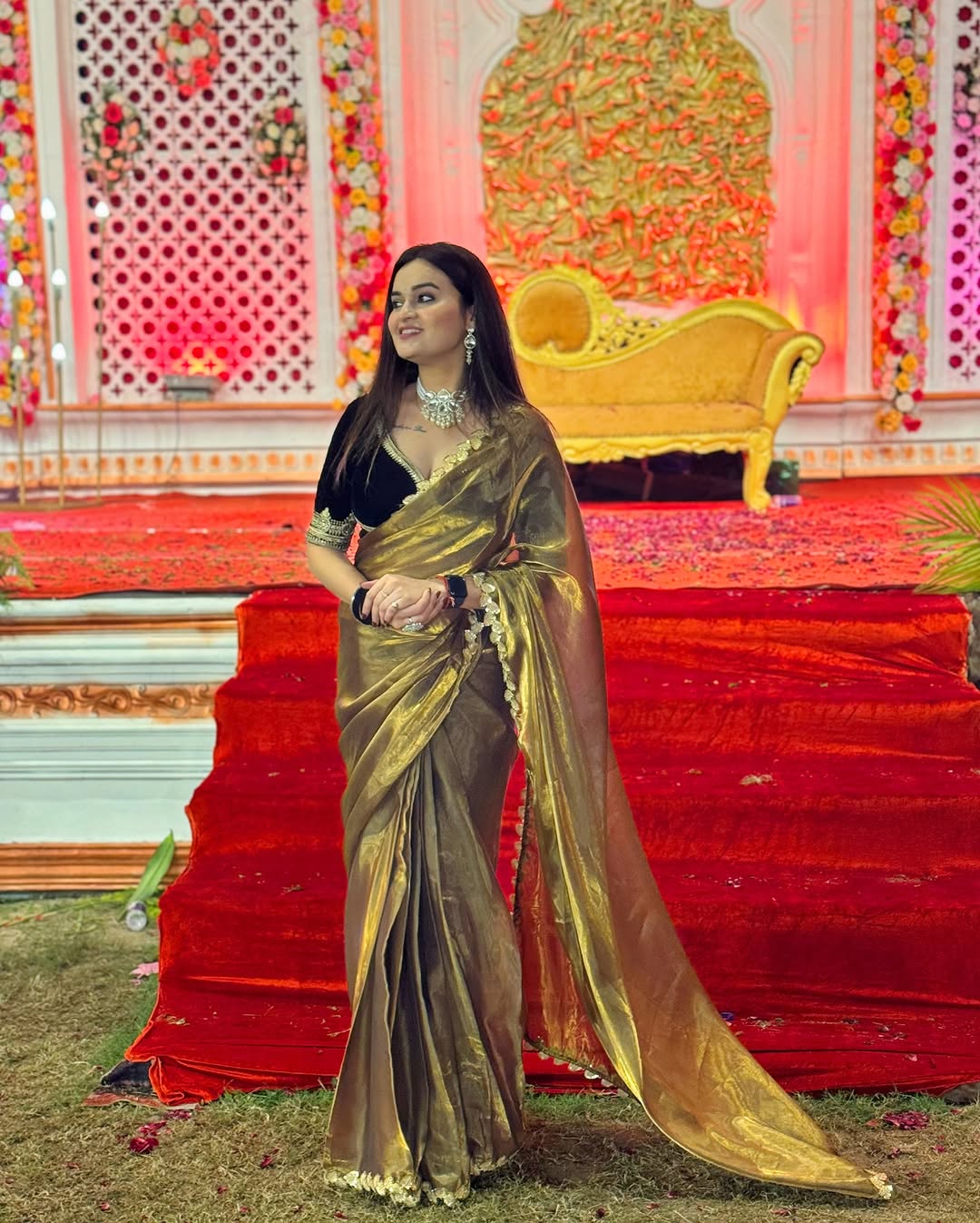 Festive Golden Tissue Saree with Embroidered Lace Border