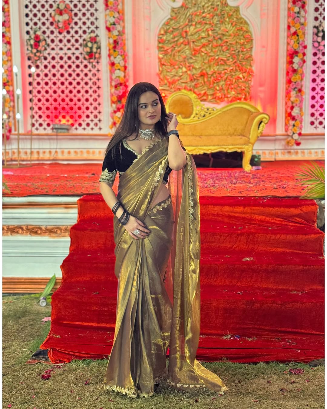 Festive Golden Tissue Saree with Embroidered Lace Border