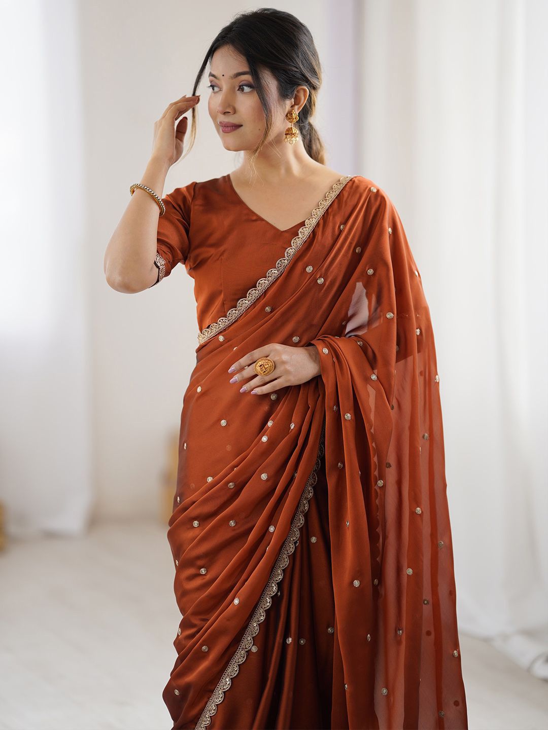 Royal Brown Georgette Saree with Golden Zari Lace Border & Sequin Work – Elegant Party & Wedding Wear