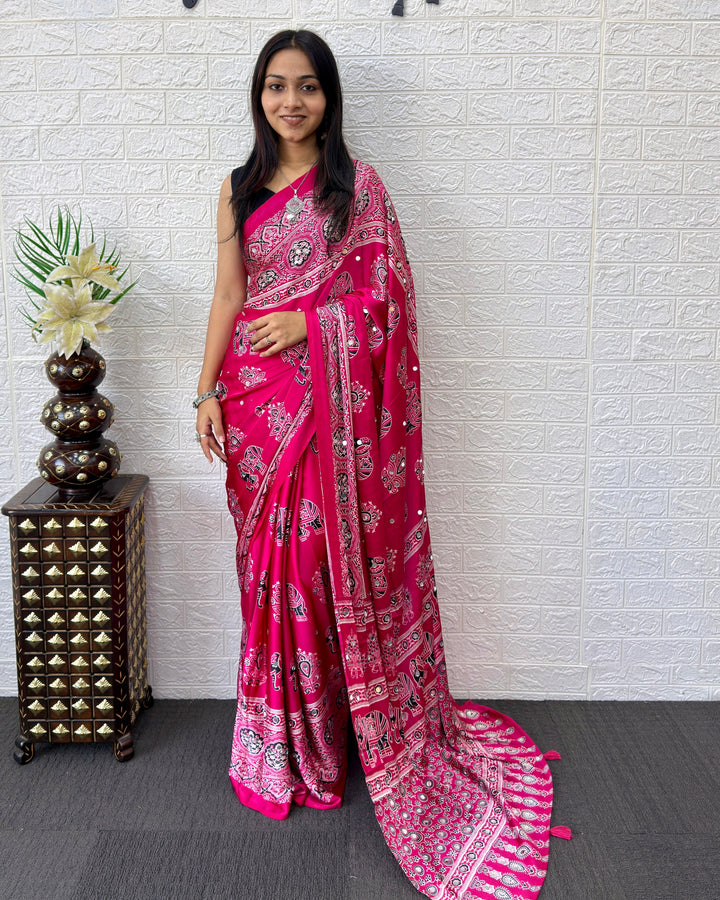 Rani Pink Modal Silk Saree with Elephant Motif Ajrakh Print & Designer Pallu | Festive Ethnic Wear Saree