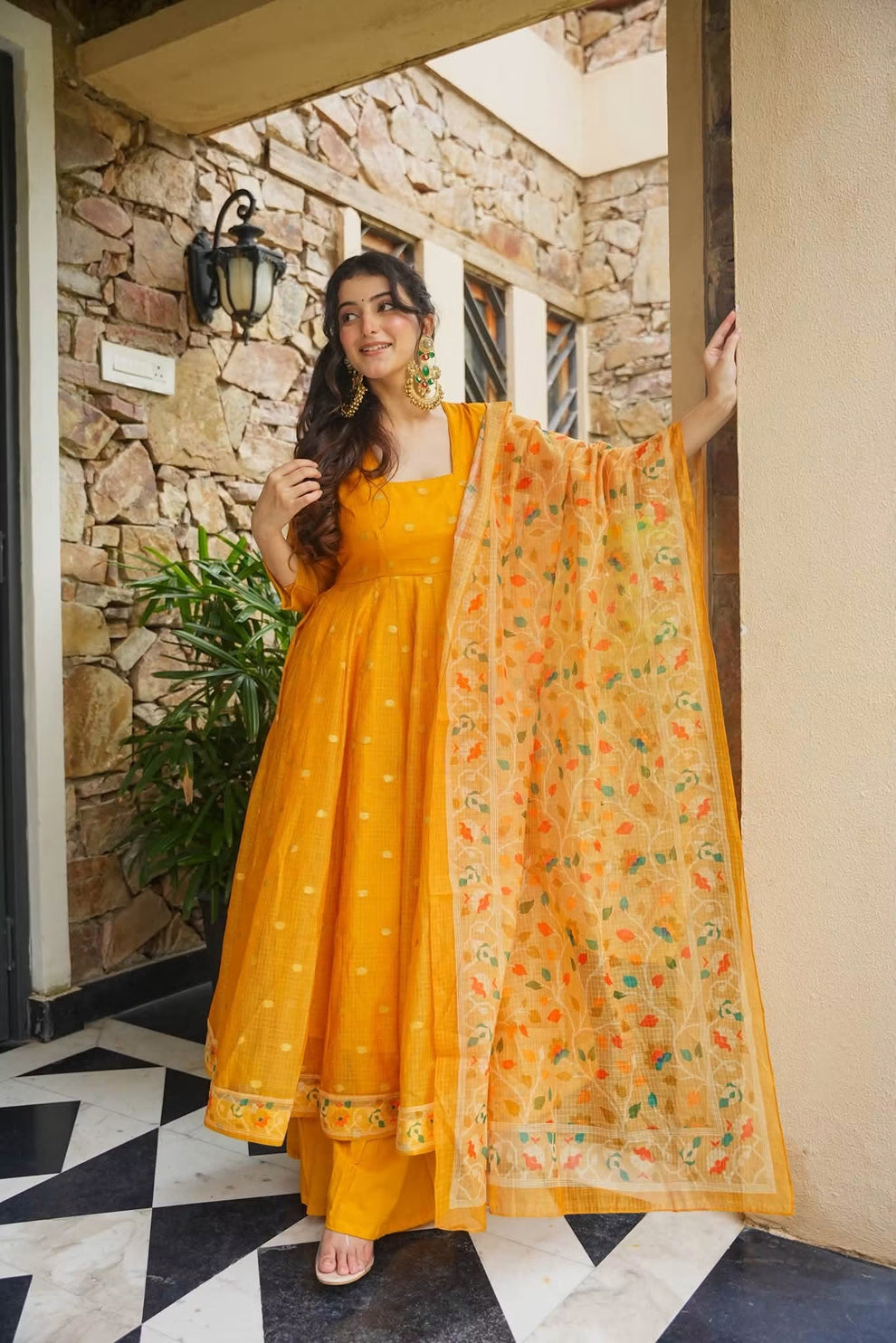 Premium Yellow Kota Doria Kurta Set with Dupatta & Bottom | ShreMall