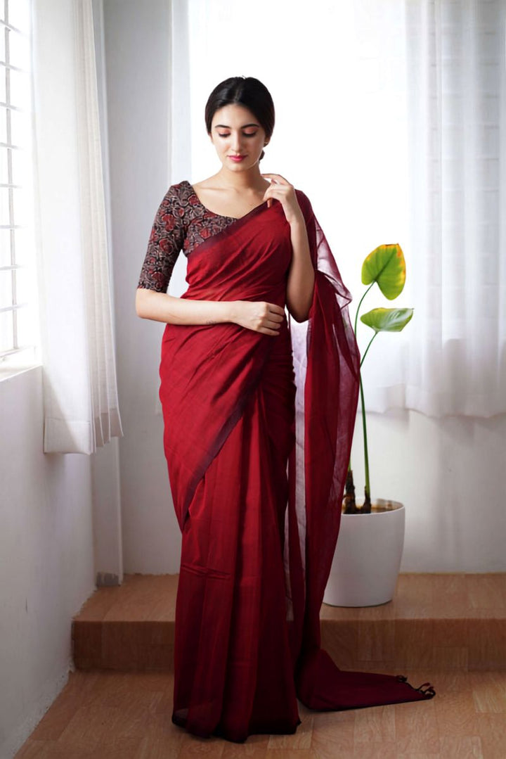 Maroon Cotton Saree with Kalamkari Blouse Piece