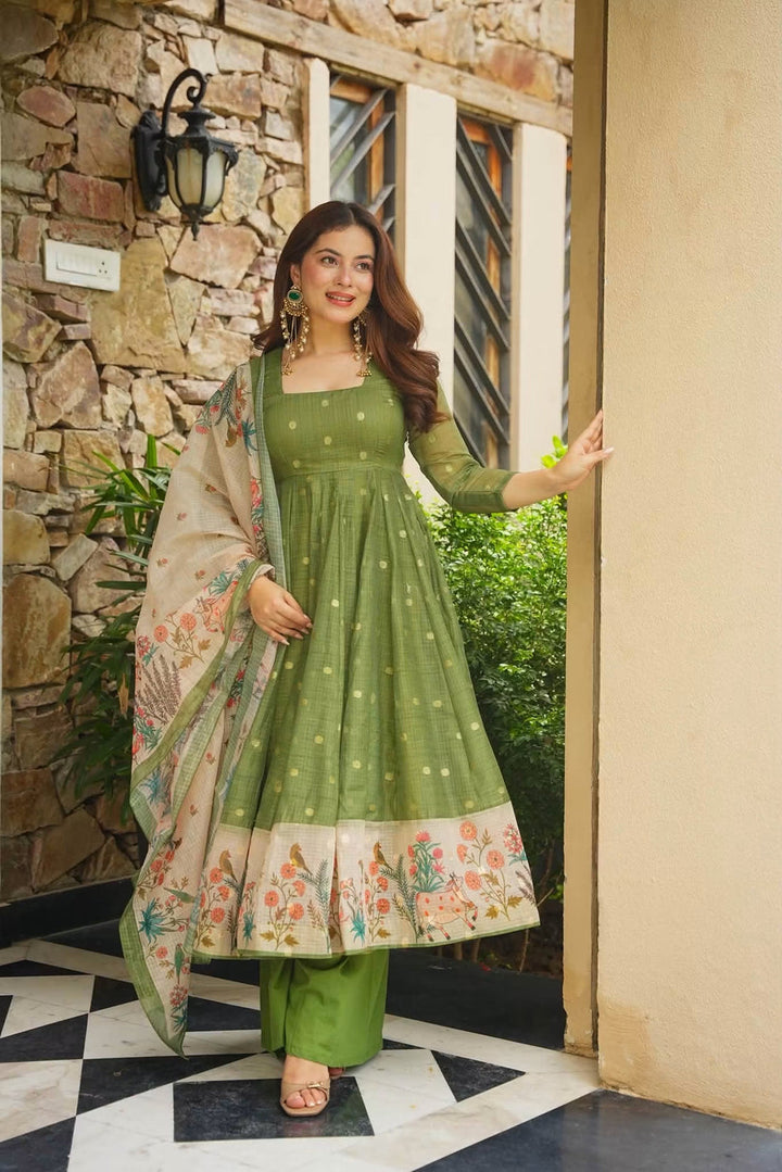 Premium Green Kota Doria Kurta Set with Dupatta & Bottom | ShreMall