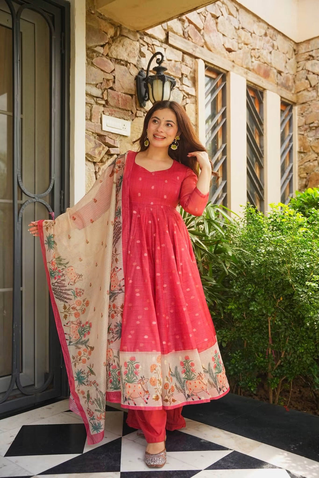 Premium Red Kota Doria Kurta Set with Dupatta & Bottom | ShreMall
