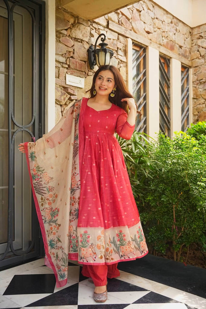 Premium Red Kota Doria Kurta Set with Dupatta & Bottom | ShreMall