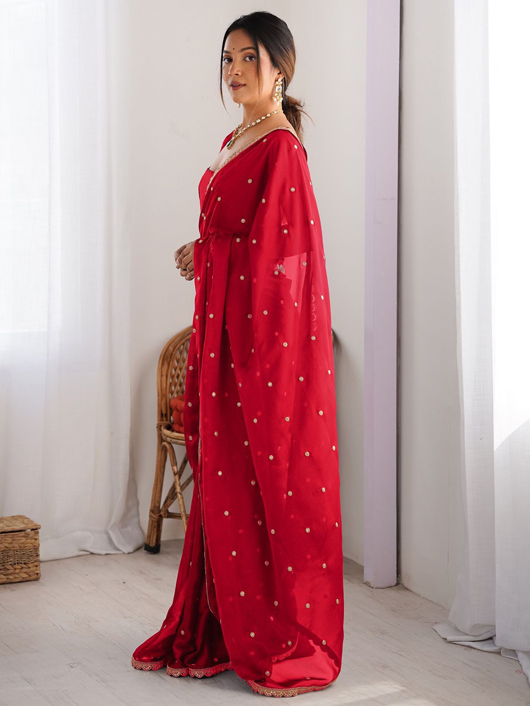 Royal Red Georgette Saree with Golden Zari Lace Border & Sequin Work – Elegant Party & Wedding Wear