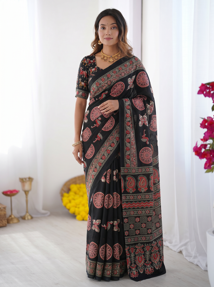 Black Modal Silk Saree with Traditional Ajrakh-Inspired Circular Motif Print & Designer Pallu | Festive & Ethnic Wear Saree