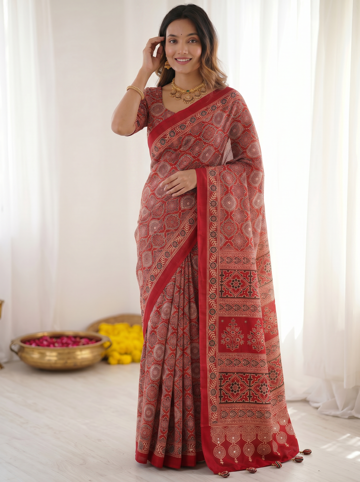 Ruby Red Pure Modal Silk Saree with Heritage Ajrakh Inspired Print & Traditional Designer Pallu