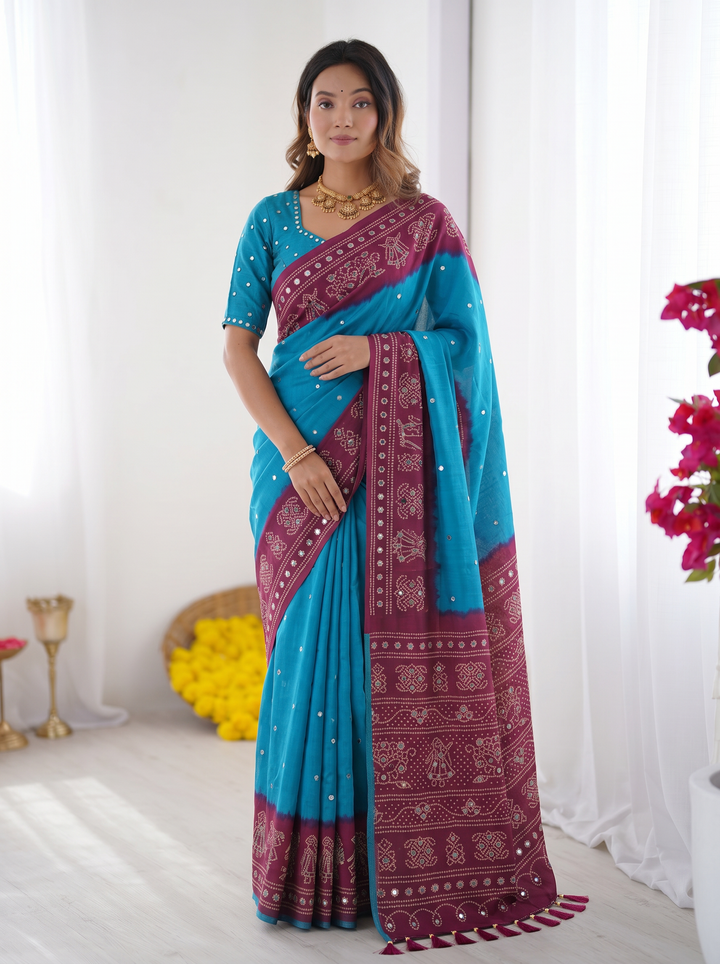 Sky Blue & Wine Purple Bandhani Printed Cotton Silk Saree with Traditional Folk Border & Tassel Pallu