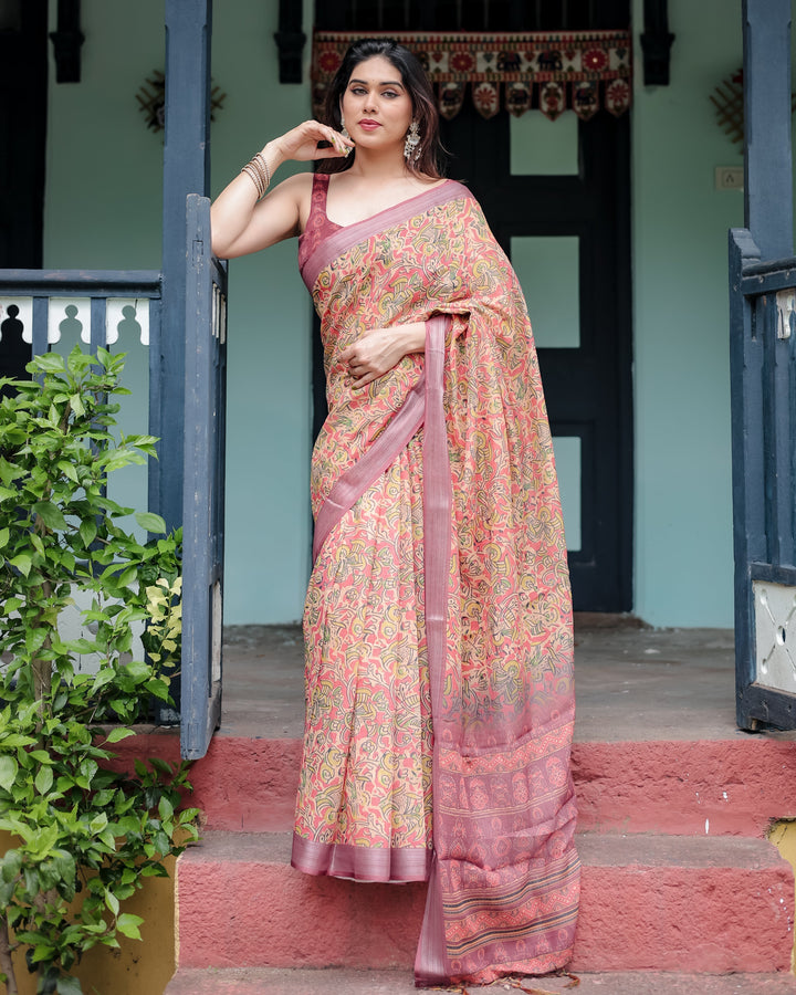 Beige and Rust Pure Cotton Linen Saree with Tribal Block Print, Blouse, and Tassel Detailing