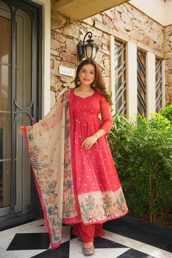 Premium Red Kota Doria Kurta Set with Dupatta & Bottom | ShreMall