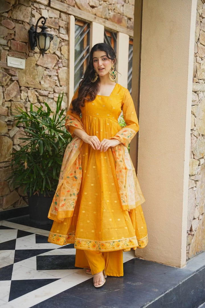 Premium Yellow Kota Doria Kurta Set with Dupatta & Bottom | ShreMall