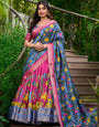 Rosewood Pink & Azure Blue Kalamkari Dola Silk Lehenga Set – A Timeless Expression of Heritage & Elegance