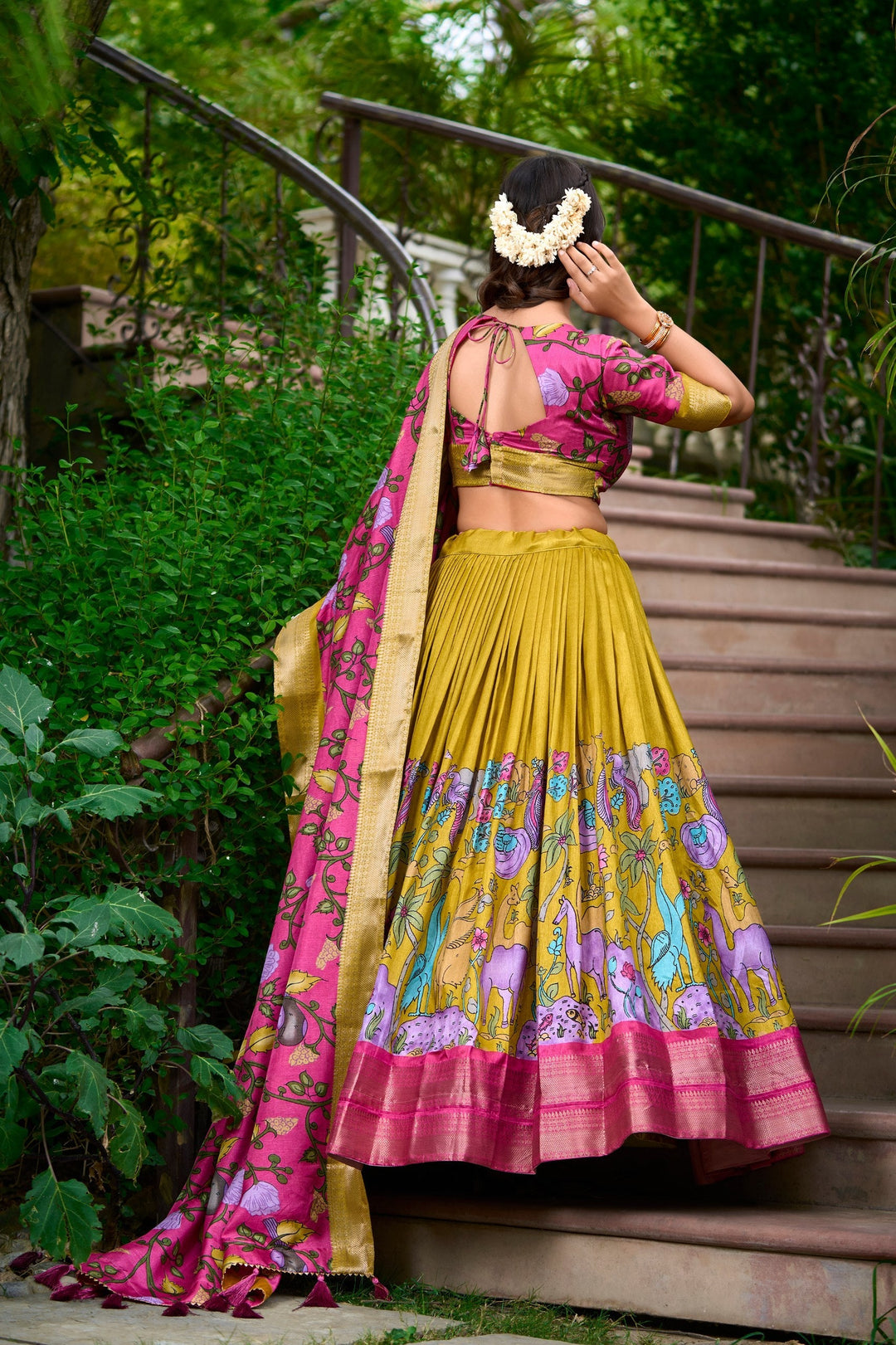Regal Fuchsia & Golden Mustard Kalamkari Dola Silk Lehenga Set – A Masterpiece of Heritage & Elegance