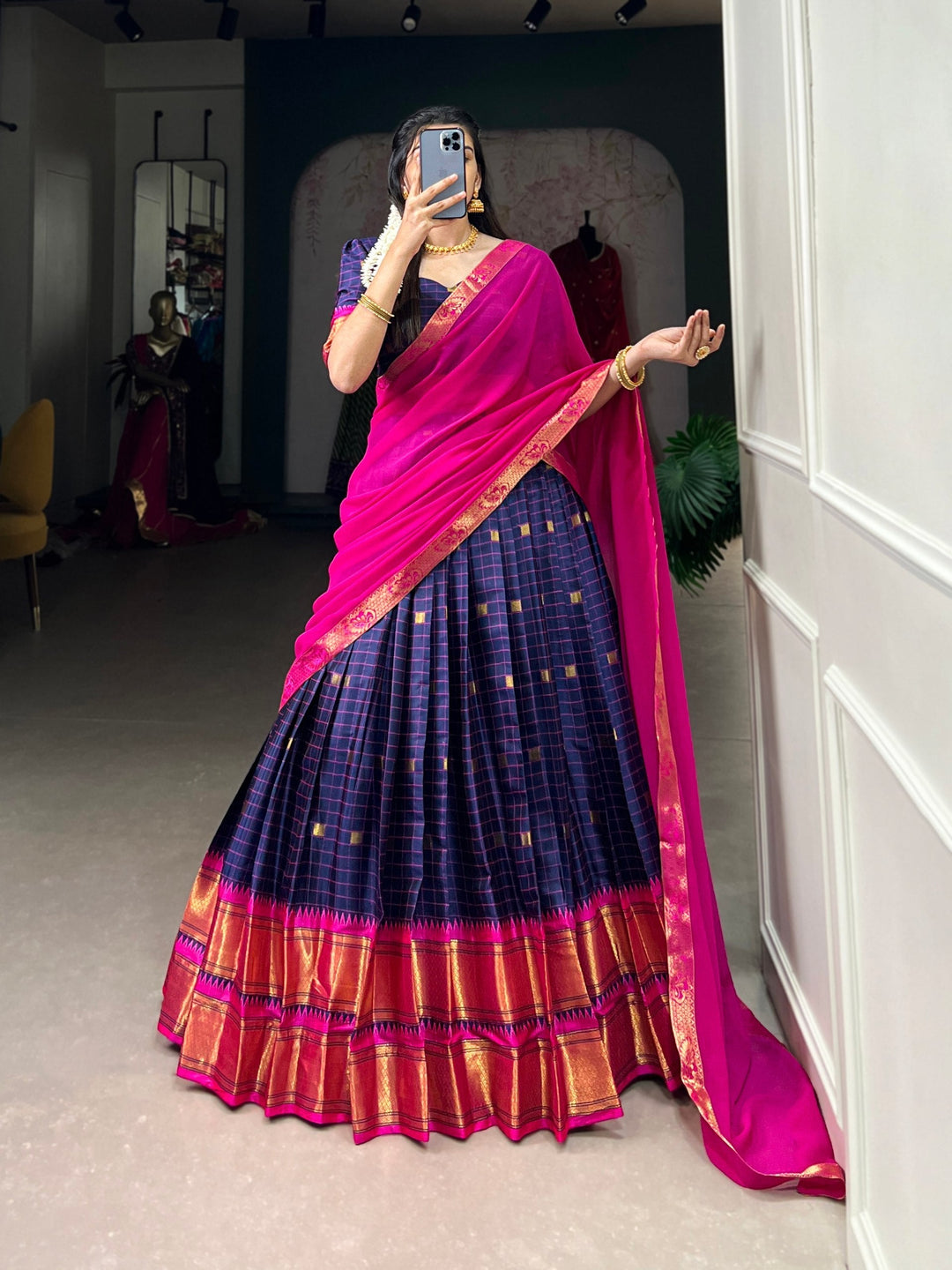 Royal Navy Blue Rani Pink Paithani Cotton Silk Lehenga Choli
