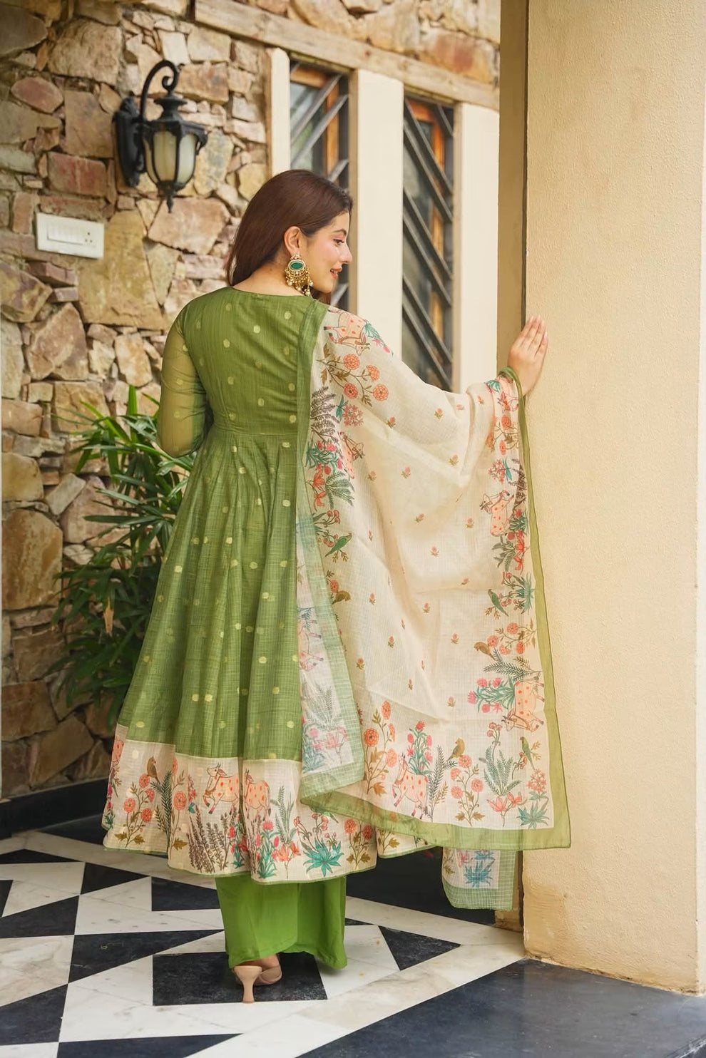 Premium Green Kota Doria Kurta Set with Dupatta & Bottom | ShreMall