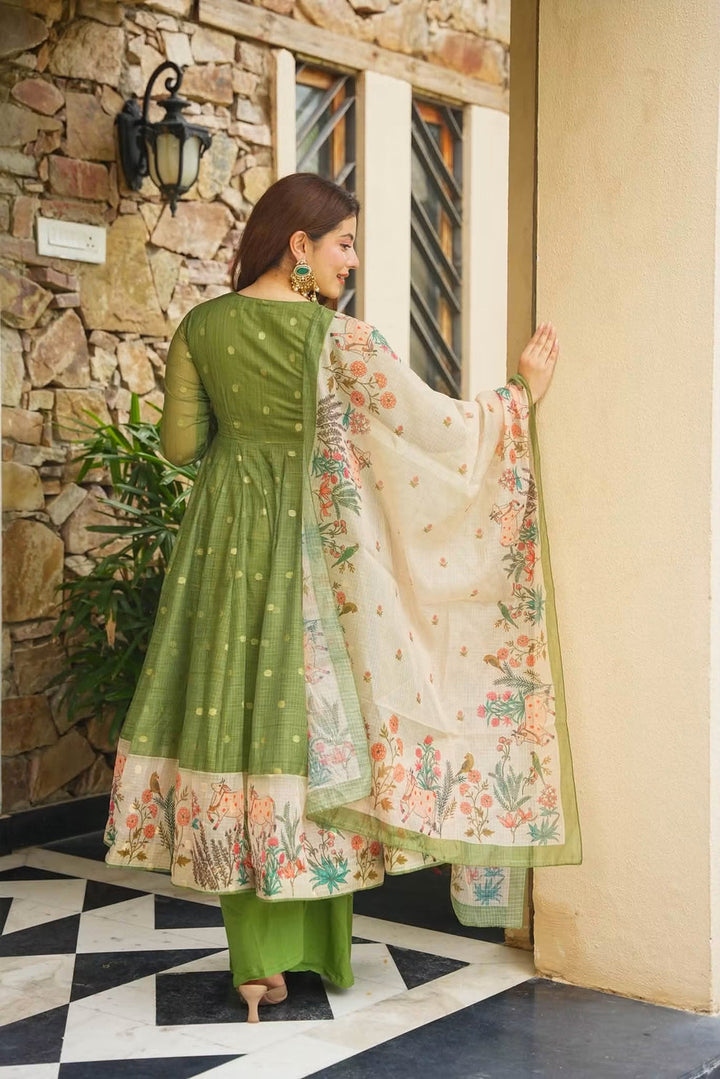 Premium Green Kota Doria Kurta Set with Dupatta & Bottom | ShreMall