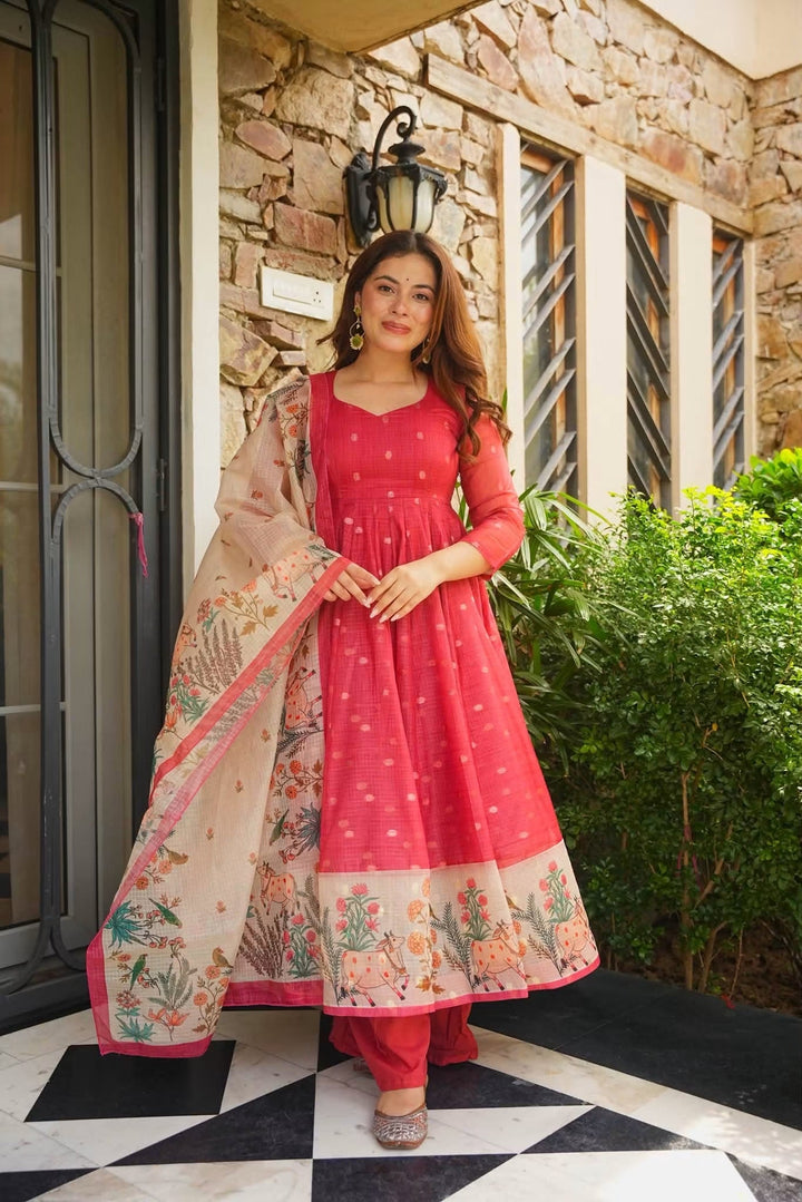 Premium Red Kota Doria Kurta Set with Dupatta & Bottom | ShreMall