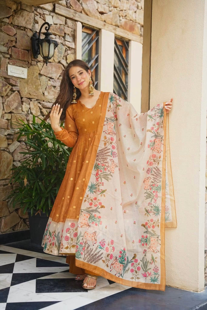 Premium Mustard Kota Doria Kurta Set with Dupatta & Bottom | ShreMall