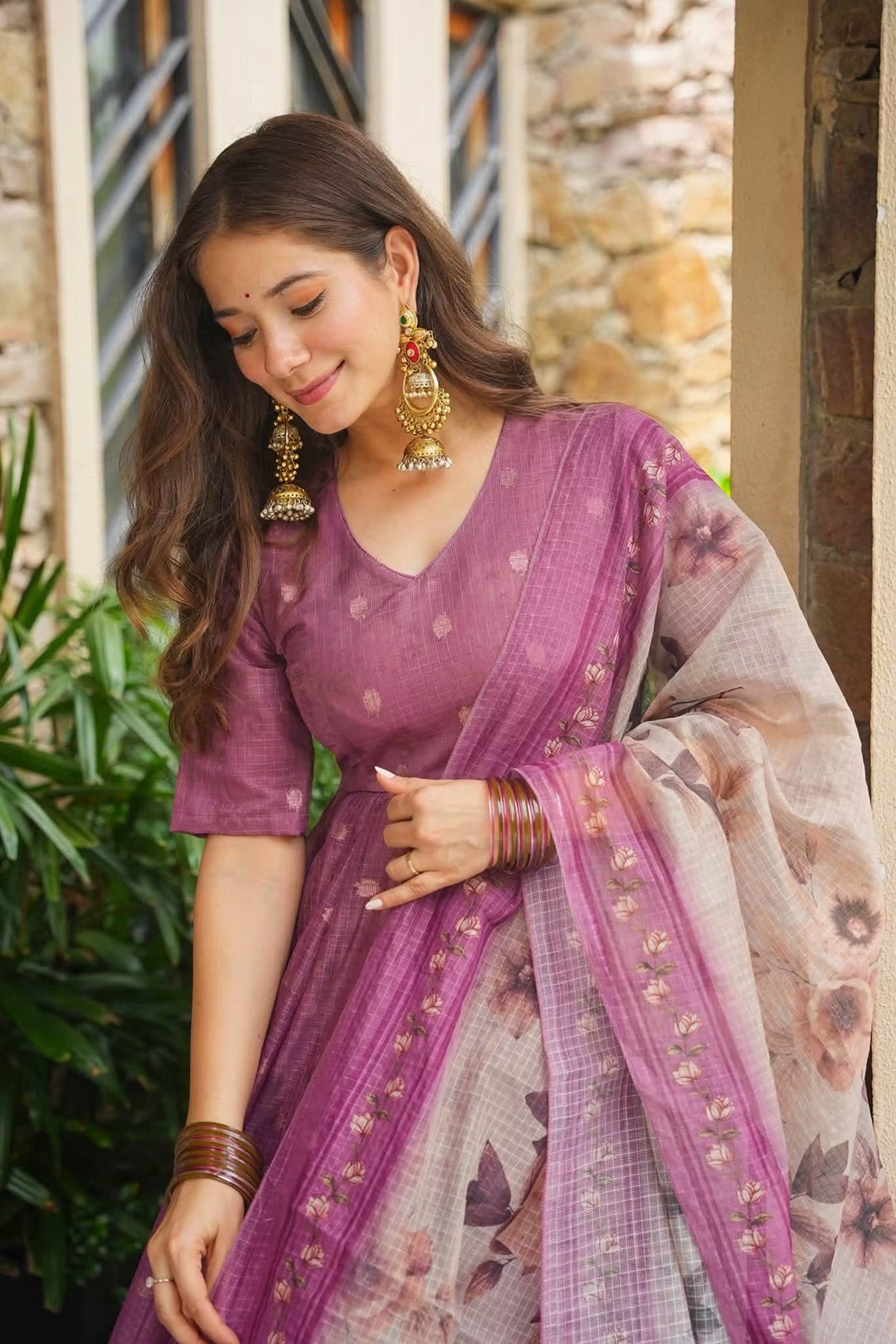 Premium Purple Kota Doria Kurta Set with Dupatta & Bottom | ShreMall