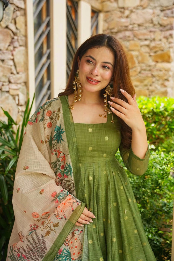 Premium Green Kota Doria Kurta Set with Dupatta & Bottom | ShreMall