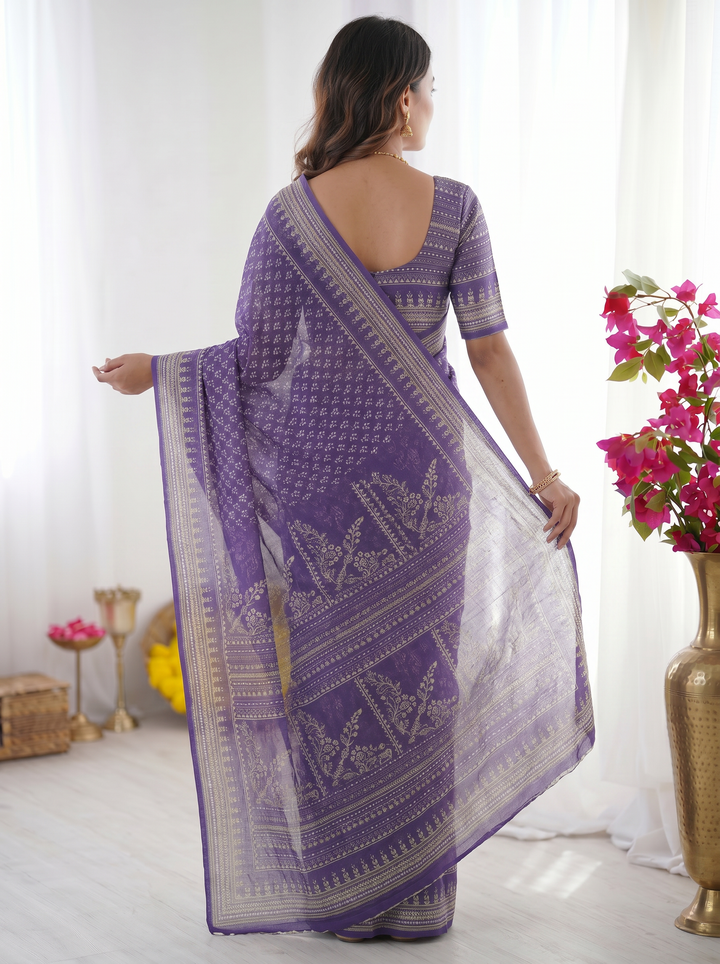 Royal Purple Modal Silk Saree with Delicate Floral Butti Prints, Traditional Woven Border & Heritage Designer Pallu