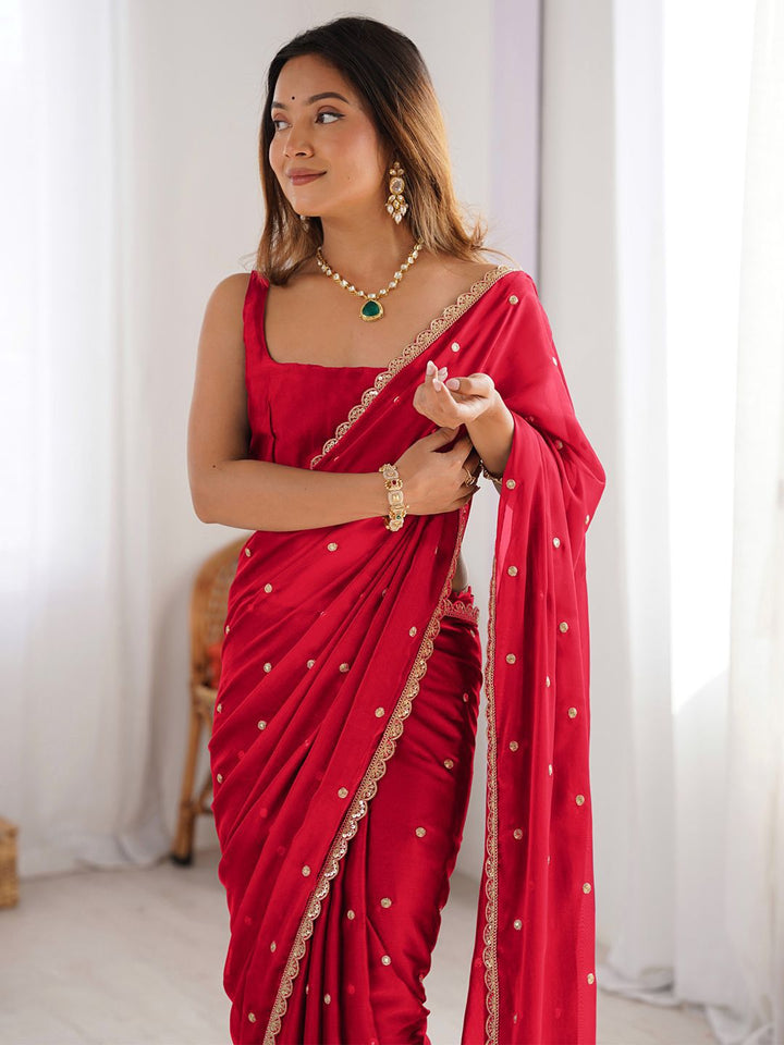 Royal Red Georgette Saree with Golden Zari Lace Border & Sequin Work – Elegant Party & Wedding Wear