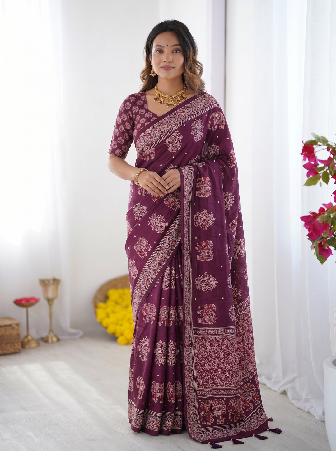 Plum Purple Modal Silk Saree with Elephant Motif Print & Heritage Designer Pallu | Traditional Festive Wear Saree