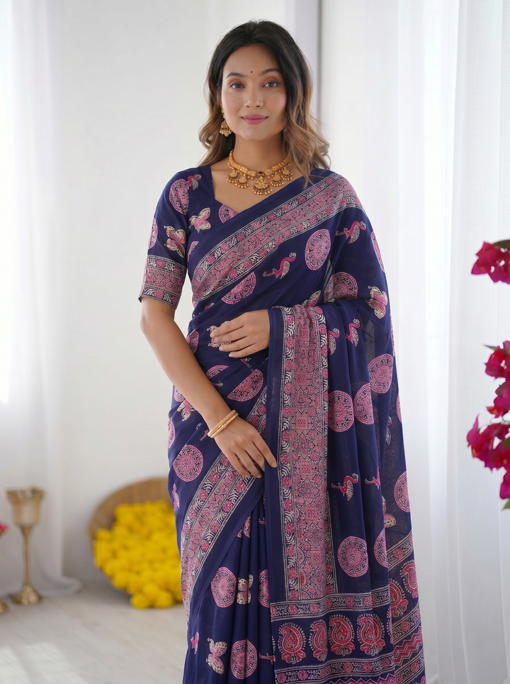 Navy Blue Modal Silk Saree with Paisley & Circular Motif Print | Designer Heritage Pallu Saree for Festive Wear