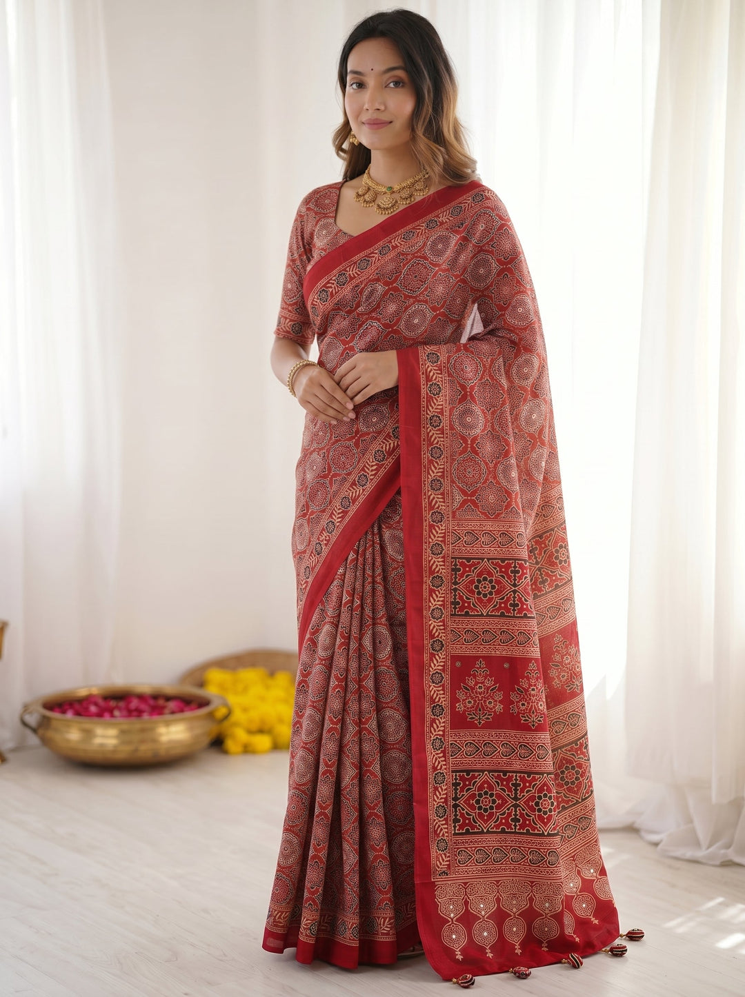 Ruby Red Pure Modal Silk Saree with Heritage Ajrakh Inspired Print & Traditional Designer Pallu