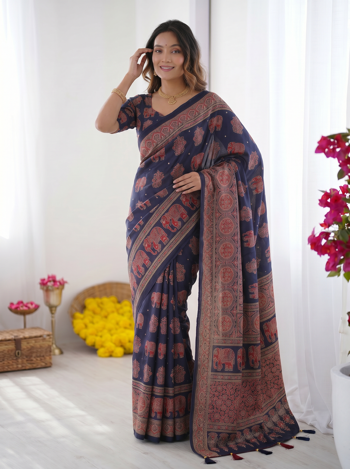 Navy Blue Modal Silk Saree with Elephant Motif Ajrakh Print & Heritage Designer Pallu | Traditional Festive Wear Saree
