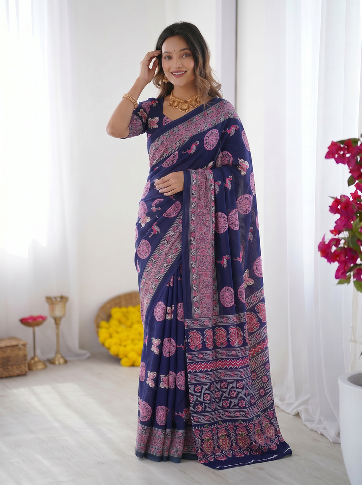 Navy Blue Modal Silk Saree with Paisley & Circular Motif Print | Designer Heritage Pallu Saree for Festive Wear