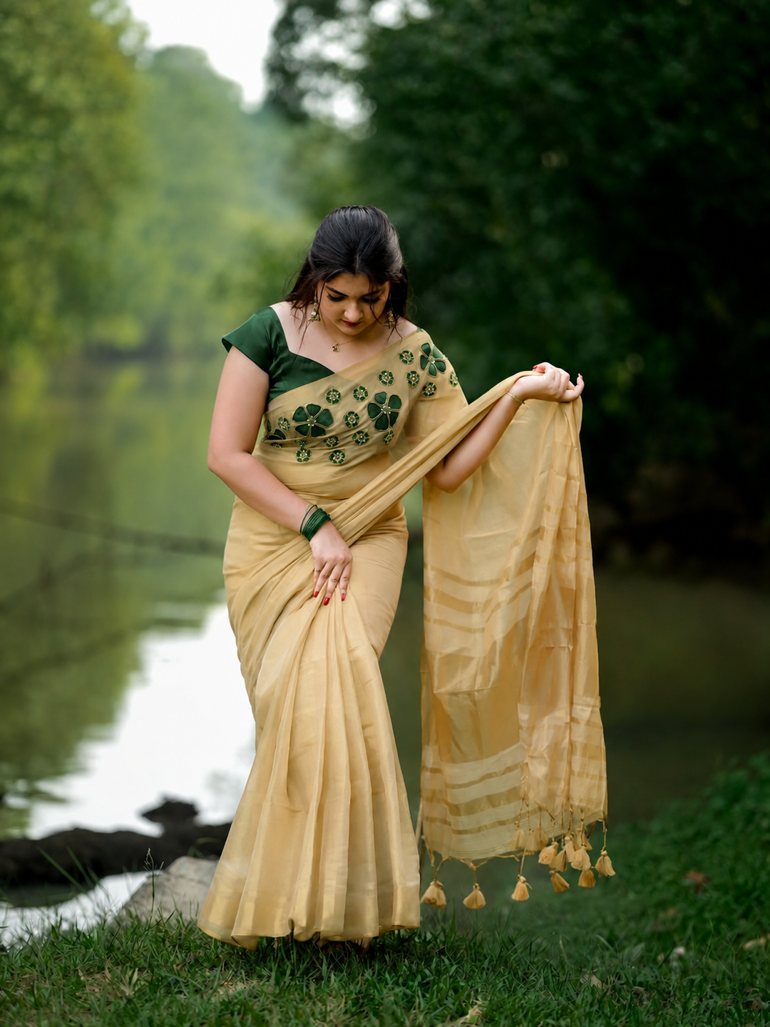 Golden Tissue Handwork Saree with Designer Floral Blouse