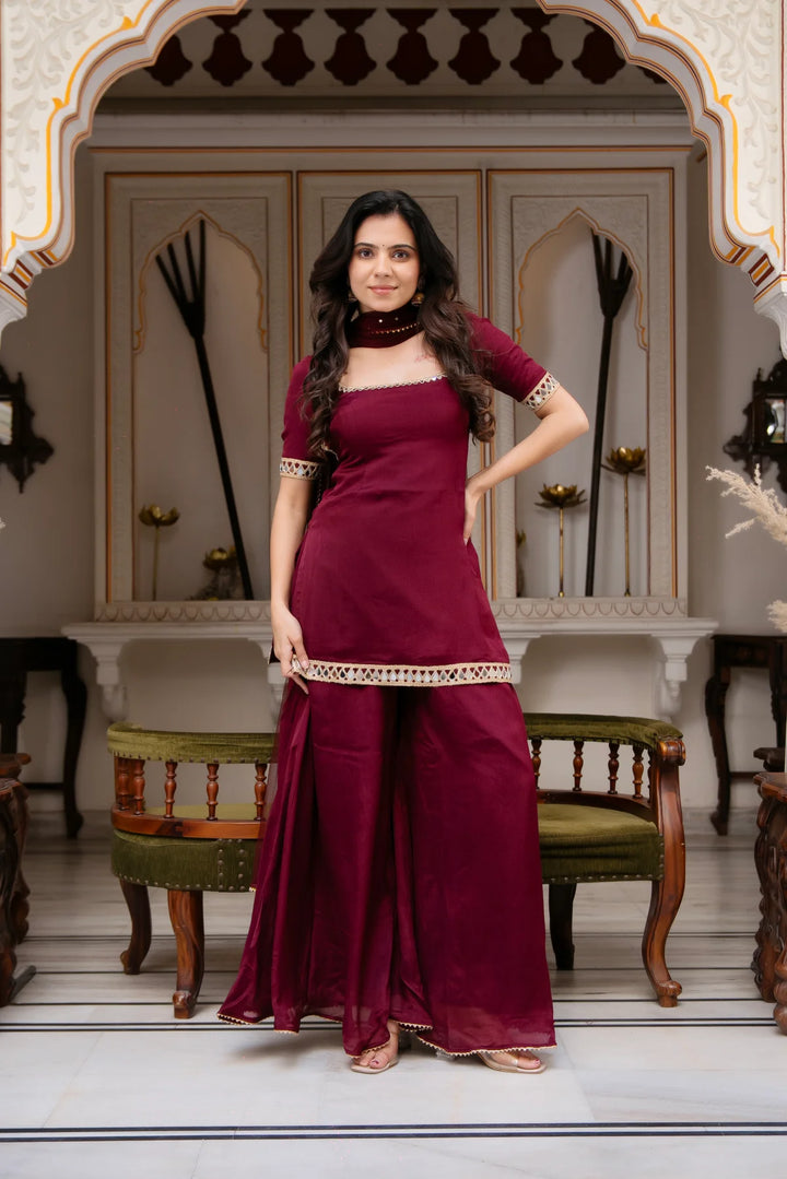 Wine Maroon Sharara Suit Set with Dupatta for Women – Festive Ethnic Wear