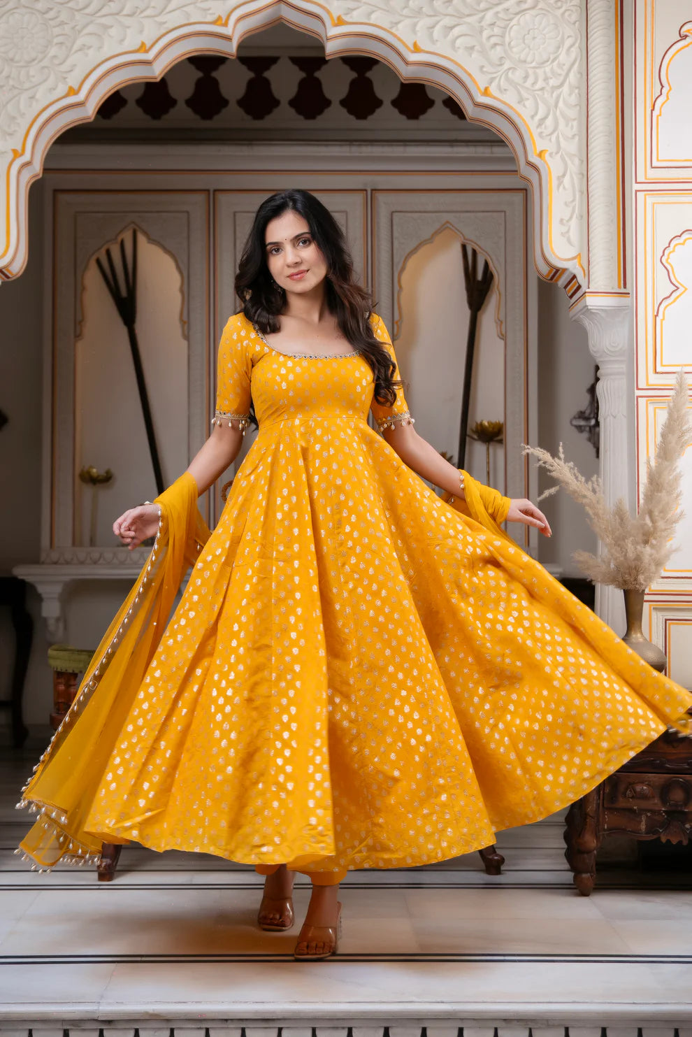 Women's Mustard Yellow Flared Anarkali Kurta Set with Dupatta