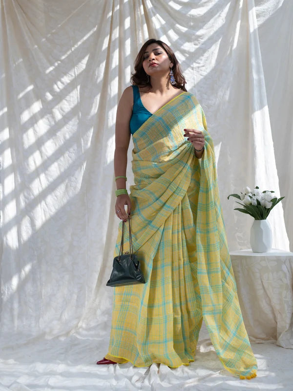 Sunshine Yellow & Aqua Blue Checkered Mul Cotton Saree with Tasselled Pallu (Includes Blouse Piece) – Shree Mall