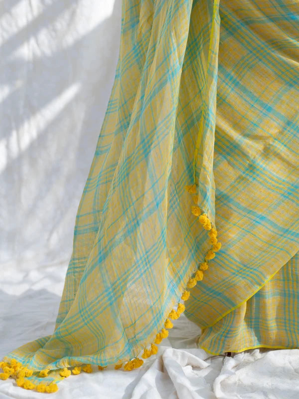 Sunshine Yellow & Aqua Blue Checkered Mul Cotton Saree with Tasselled Pallu (Includes Blouse Piece) – Shree Mall