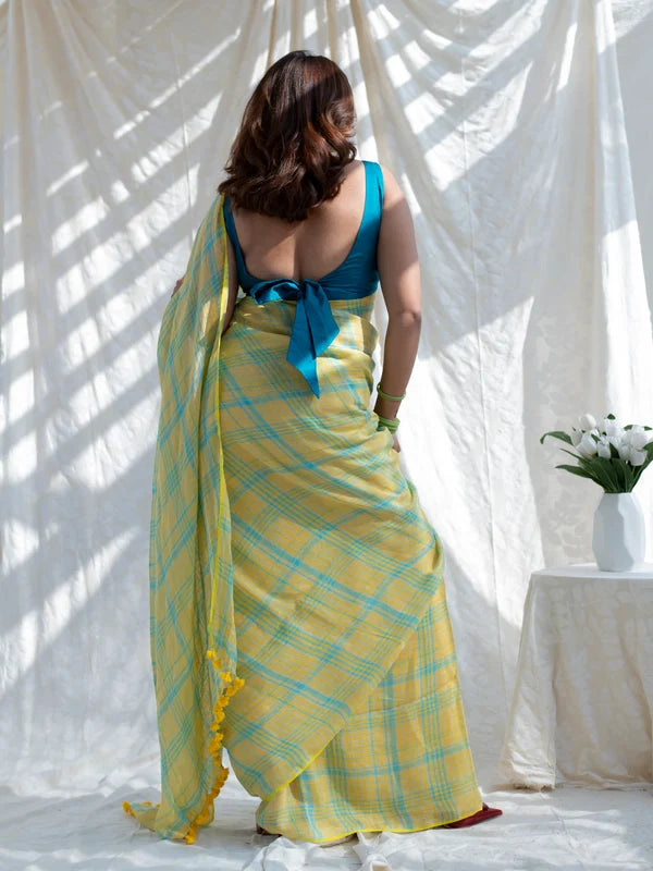 Sunshine Yellow & Aqua Blue Checkered Mul Cotton Saree with Tasselled Pallu (Includes Blouse Piece) – Shree Mall