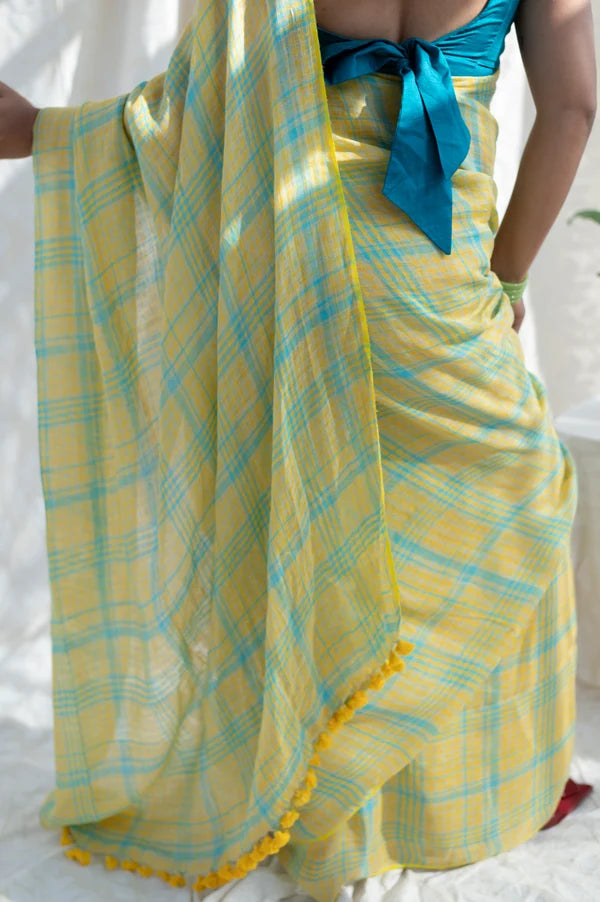 Sunshine Yellow & Aqua Blue Checkered Mul Cotton Saree with Tasselled Pallu (Includes Blouse Piece) – Shree Mall